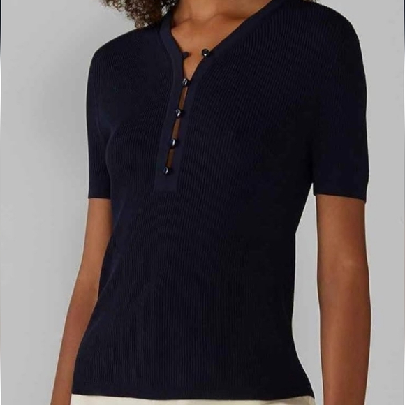 Club Monaco Zorley Ribbed Top Shirt Size Large Navy Blue Buttons Vicose Blend - Picture 1 of 10